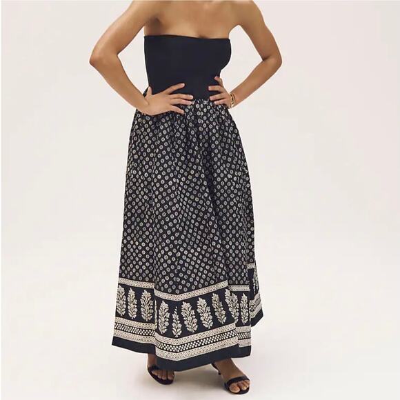 J.Crew Strapless Mixy Dress Maxi Block Print Floral Vacation CJ392 Black Large - Picture 1 of 15